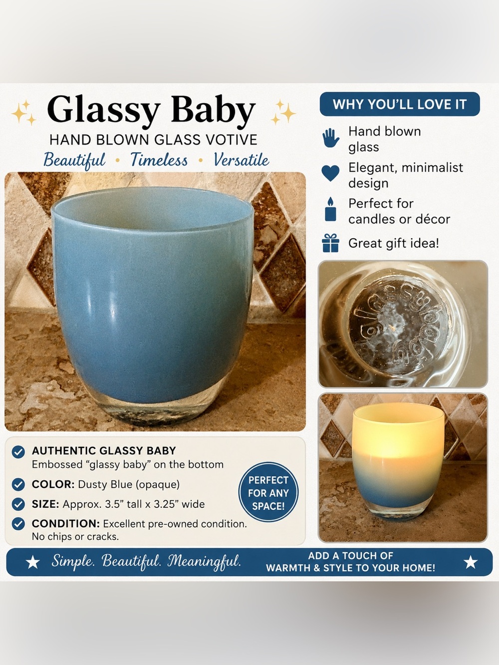 Glassy Baby Dusty Blue Hand-Blown Glass Votive